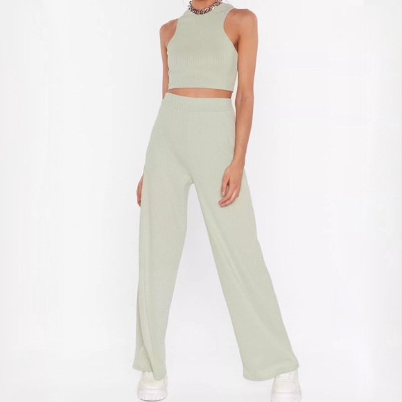 Pistachio Ribbed Racerback and Wide Leg Trouser Matching Lounge Set - Picture 3 of 6